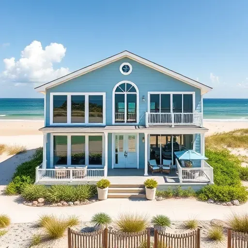Coastal home remodel in North Carolina with blue paint, panoramic windows, and sandy beach dunes in a serene setting.
