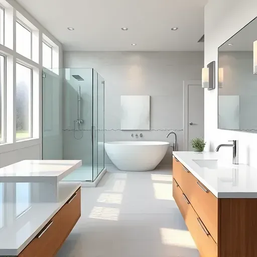 Beautiful modern Hampstead bathroom with glass shower, freestanding tub, natural wood accents, and polished quartz countertops