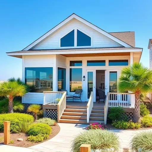 Modern coastal home remodeling in Topsail Beach NC with large windows, vibrant landscaping, and a serene beach backdrop.