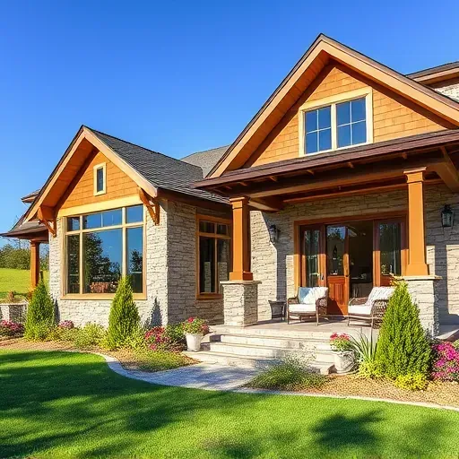 Completed home remodeling in Monkey Junction NC with modern design, stone finishes, lush landscaping, and clear blue sky.