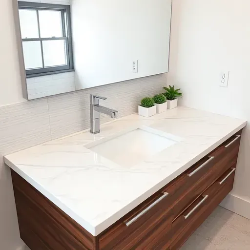Completed modern bathroom with white marble countertop, dark wood vanity, chrome fixtures, and green plants in Hampstead NC
