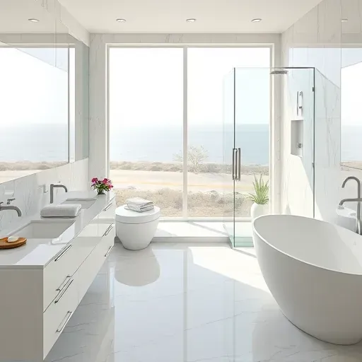 Fresh renovated Hampstead bathroom with modern fixtures, walk-in glass shower, marble countertops, freestanding tub, coastal view