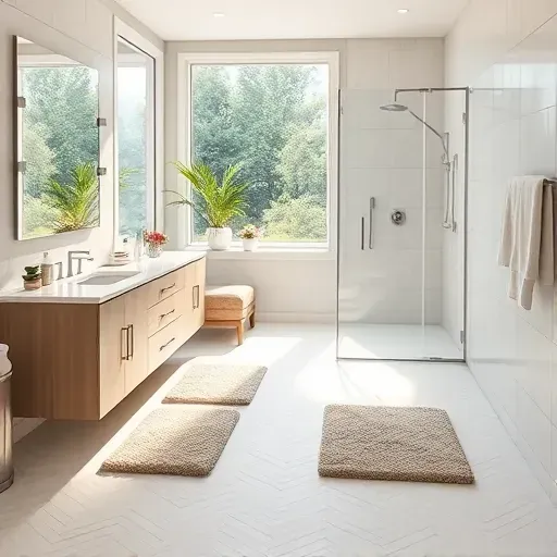 Beautifully renovated bathroom in Hampstead NC features modern fixtures, marble counters, walk-in shower, and soft tones.