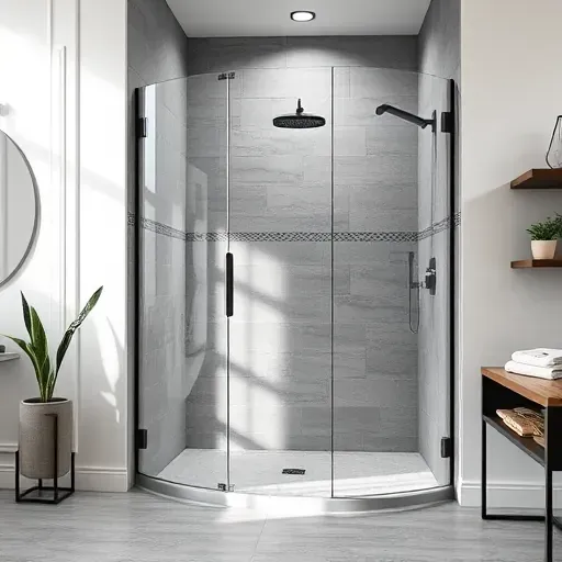 Modern walk-in shower with glass panels, matte black hardware, grey stone tiles, natural light, in a sleek contemporary bathroom.