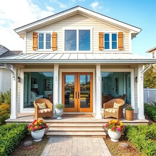Coastal-style residence in Wrightsville Beach NC with soft colors, panoramic windows, and inviting porch decor.