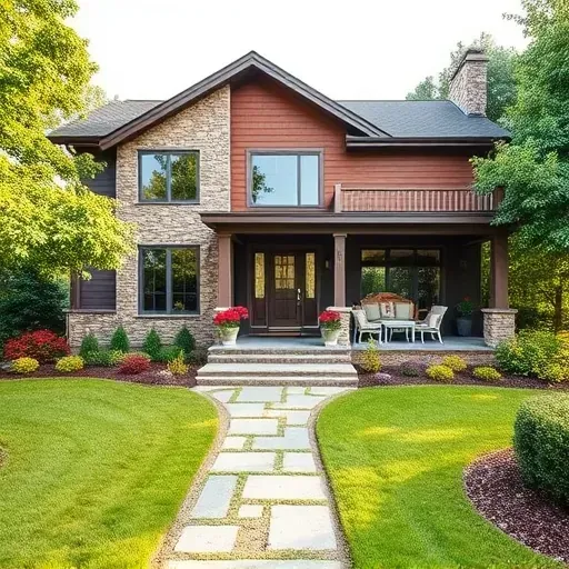 Modern home remodeling in Belville NC showcasing stone accents, large windows, a manicured yard, and serene surroundings.
