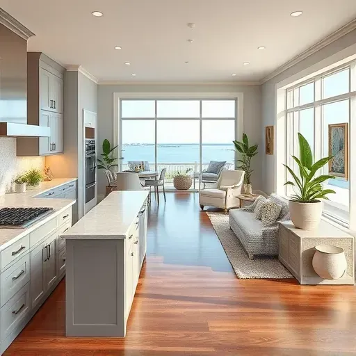 Modern kitchen remodel in Bluewater NC features gray cabinetry, marble island, and bright open-concept living area.