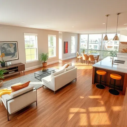Modern living room in Castle Hayne NC showcases spacious design, natural light, polished hardwood, and elegant decor.
