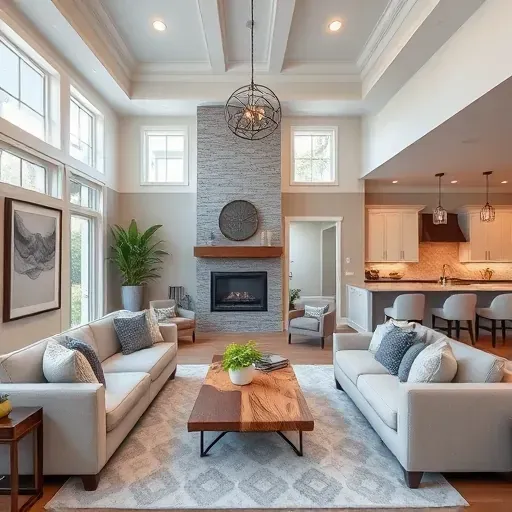 Home remodeling showcase in Brunswick Forest NC featuring a stylish living room with high ceilings and modern design elements.