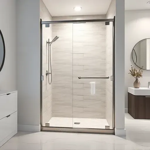 Newly completed modern shower with glass doors stainless steel fixtures elegant tiles in Hampstead NC