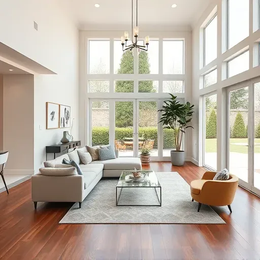 Elegant living room in Carolina Shores NC showcasing modern decor, natural light, hardwood floors, and lush plants.