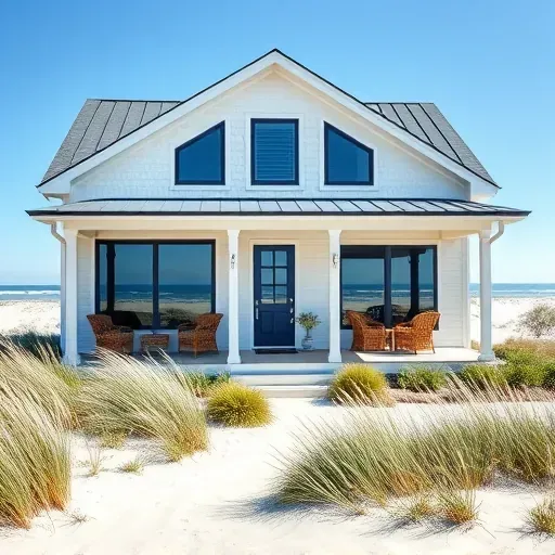 Completed home remodeling in Ogden Beach NC showcasing a modern coastal house with navy accents and inviting porch.