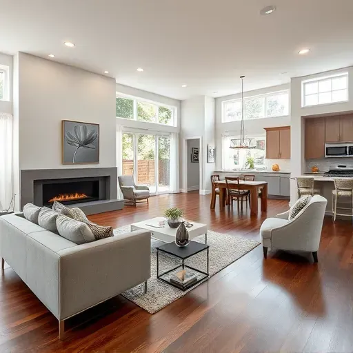 Modern living room in Hampstead Plantation NC featuring open layout, large windows, hardwood floors, and elegant decor.