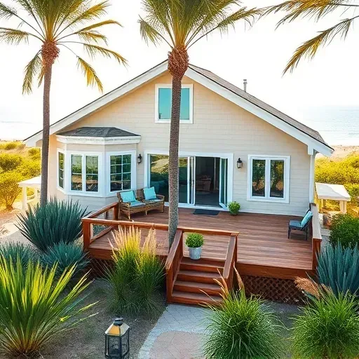 Coastal-style remodeled home in Topsail Beach with sandy clapboard siding, green landscaping, and a wooden deck.