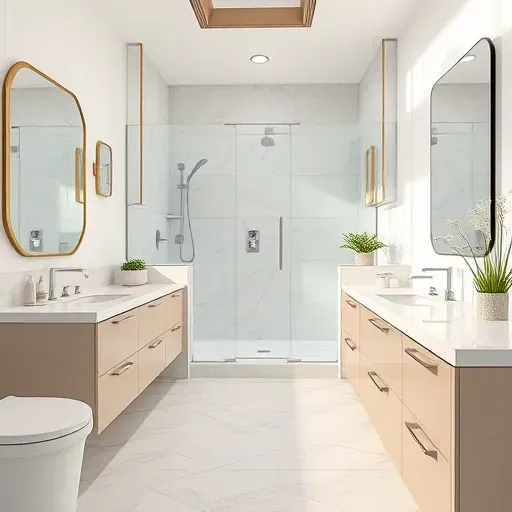 Recently renovated bathroom in Hampstead NC with modern fixtures, walk-in shower, marble countertops, and soft neutral tones.