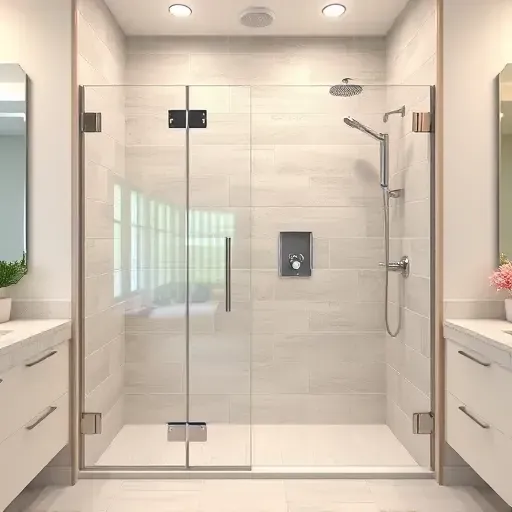 Freshly finished modern shower with ceramic tiles, glass door, chrome fixtures, polished surfaces, and Memphis-inspired decor