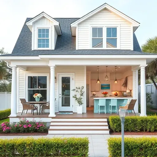 Completed home remodel in Ogden Beach NC featuring pastel siding, coastal decor, and inviting landscaping.