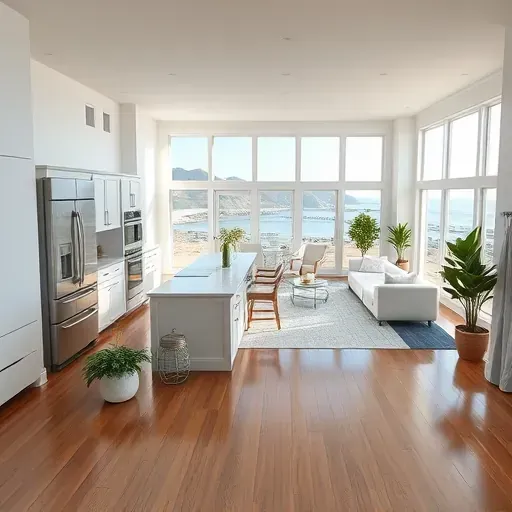 Elegant living space in Bluewater NC showcasing modern coastal design with open kitchen, hardwood floors, and natural light.