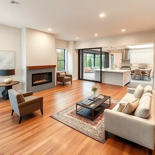 Completed home remodeling in RiverLights NC featuring a spacious living room, elegant hardwood floors, and modern design elements.