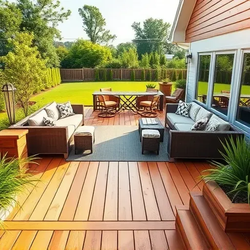 Spacious Hampstead NC wooden deck with modern furniture, lush landscaping, and seamless indoor-outdoor living ambiance