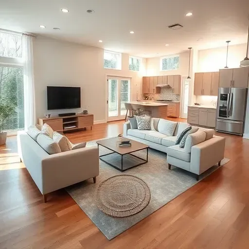 Remodeled living room in Watha NC with modern sectional, sleek coffee table, and sunlit open-concept design.