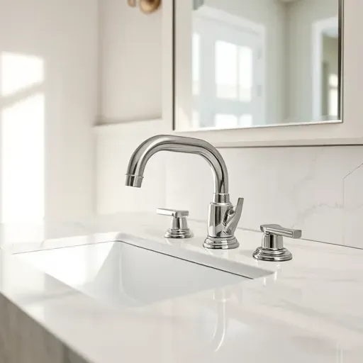 Finished bathroom faucet installation in Hampstead NC with modern vanity, marble countertop, and sleek chrome faucet