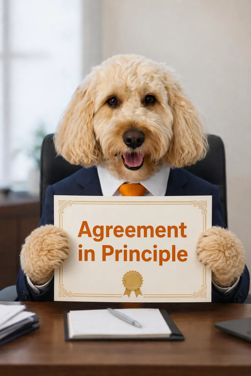 Golden retriever wearing glasses, sitting at a desk with an open magazine, embodying a friendly and knowledgeable persona, symbolizing The Mortgage Dog's approachable financial guidance for first-time home buyers.