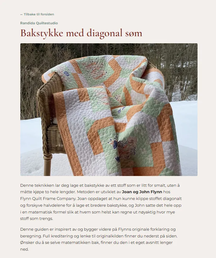 Bilde av veilederens forside. Øverst en bilde av en åpen skuff med uferdige quilttopper. Flere uferdige topper ligger oppå benken. Under bilde står tittelen på veilederen og copyright RandidaQuiltestudio.