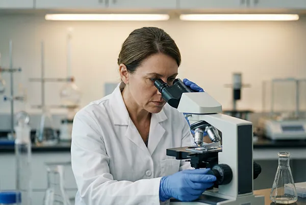 A lab technician in a white coat examines a specimen under a microscope in a modern laboratory, representing the hands-on precision at the core of practical STEM training.