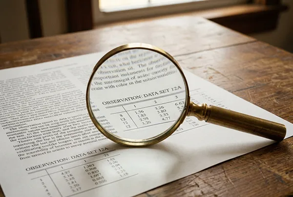 A magnifying glass resting on a printed data report — representing the STEM skill of scrutinising evidence before accepting a conclusion.