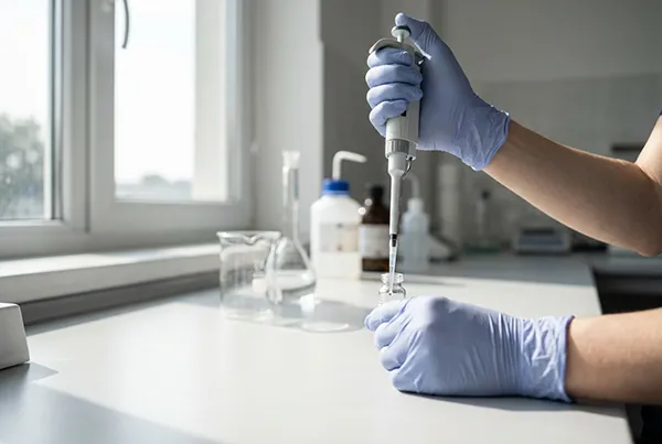 Gloved hands carefully pipetting a sample in a laboratory — representing the precision and mental discipline that high-stakes lab work builds over time.