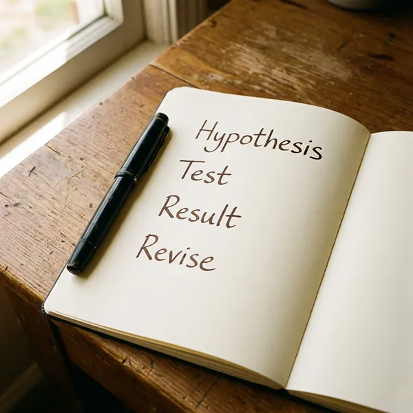 An open notebook on a timber desk beside a window, showing the handwritten words Hypothesis, Test, Result, Revise — representing the scientific method as a transferable decision-making framework applicable far beyond the laboratory.