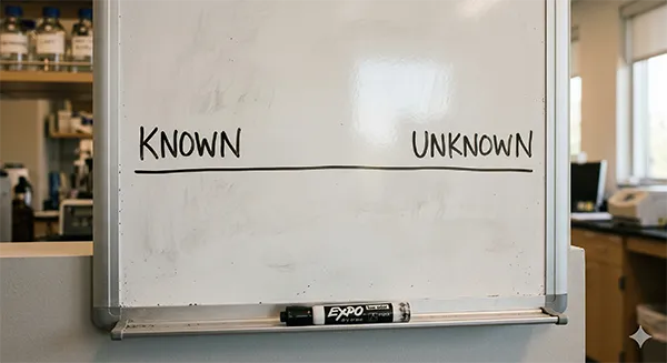 A laboratory whiteboard marked with the words Known and Unknown separated by a horizontal line — representing the critical thinking discipline of mapping the boundary between established evidence and what remains unresolved.