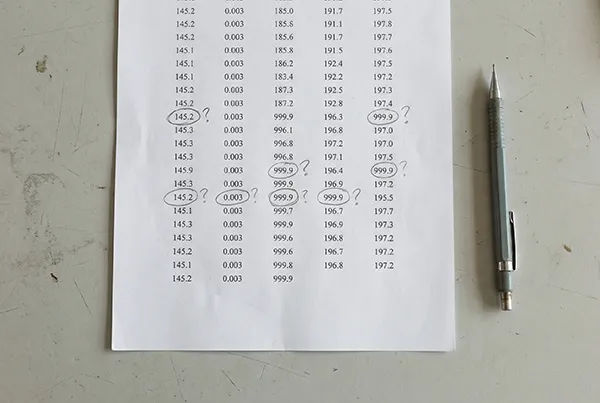 Printed data sheet with circled anomalies and handwritten question marks beside a mechanical pencil, illustrating critical analysis of scientific measurement data.