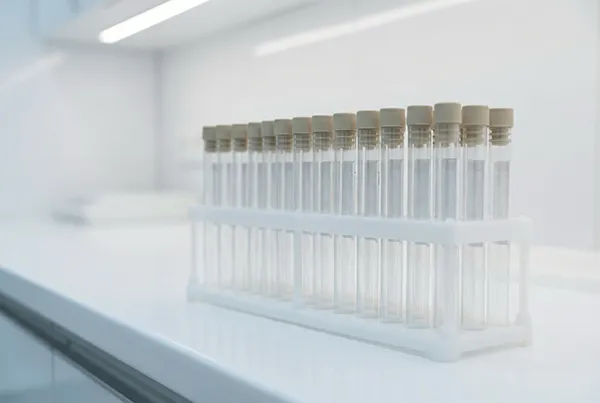 A row of laboratory specimen tubes arranged in precise order in a white rack — representing the systematic thinking and methodical process that STEM training builds as a foundation for professional reliability.