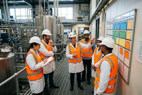Six-person lab/production team in hi-vis huddled at a planning board on a plant mezzanine