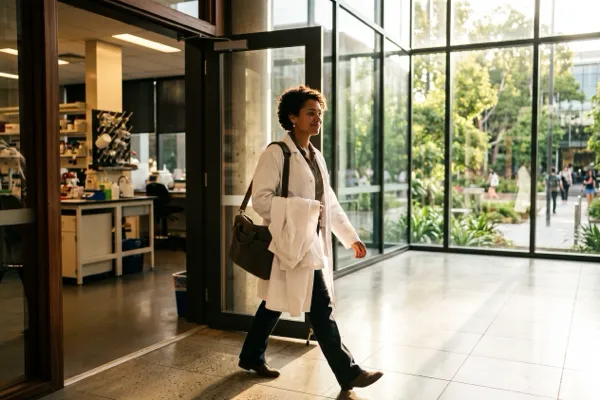 Graduate walking out of the lab into a sunlit atrium, coat over arm, horizon opening upAnd now 