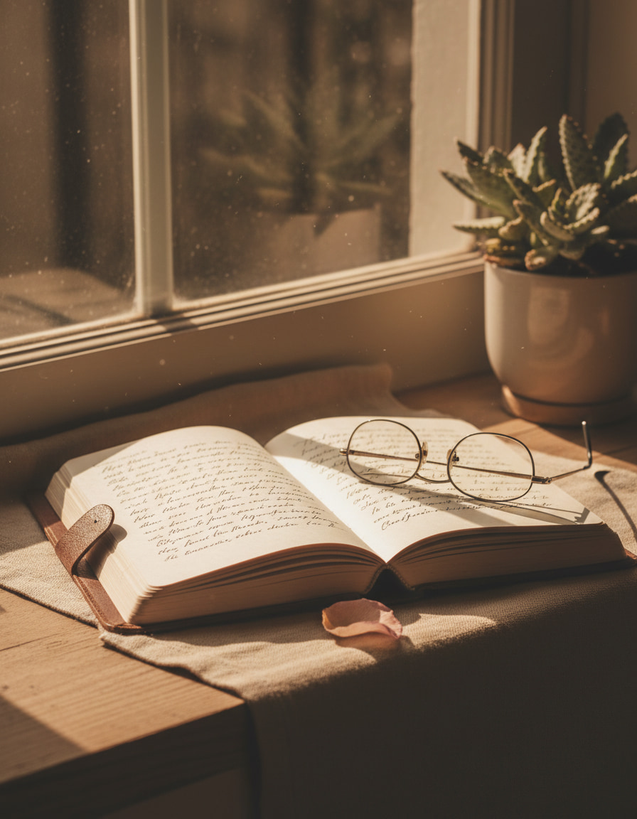 Eyeglasses on an open book by the window