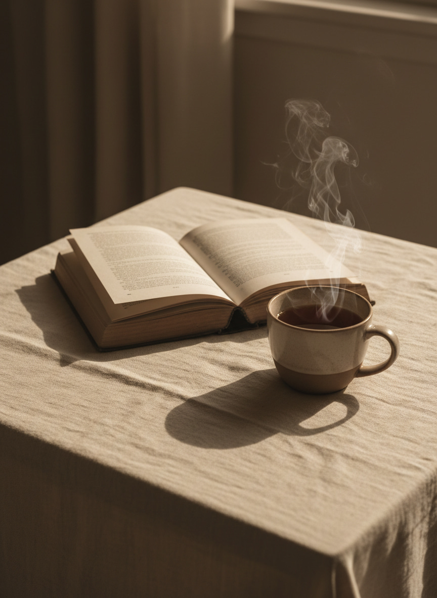 Reading a book with a cup of tea