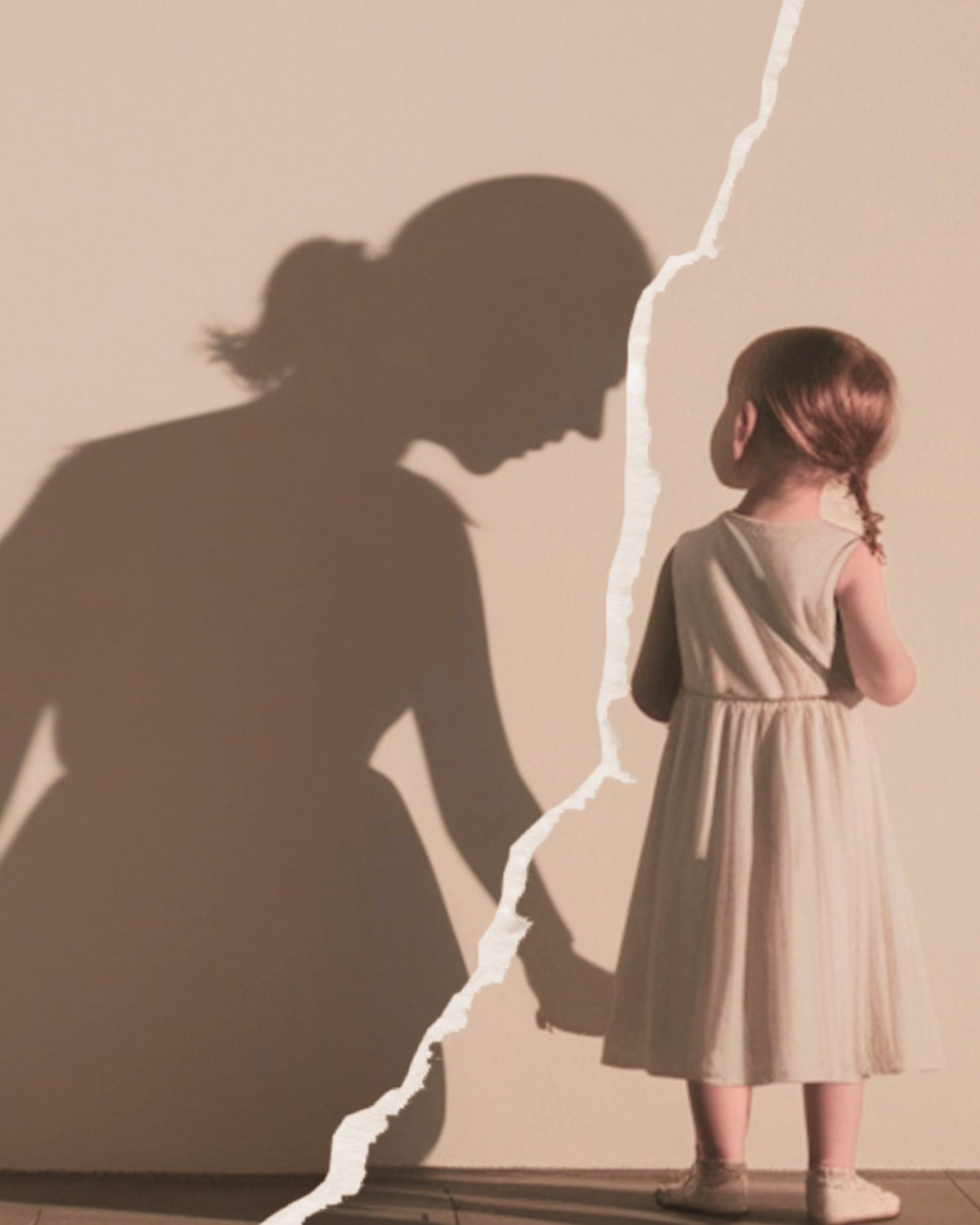 A soft, textural abstract shape representing a protective inner part showing a girl with grown woman shadow