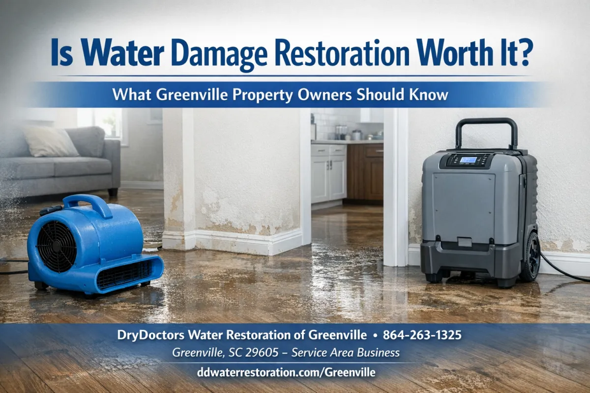 DryDoctors Water Restoration of Greenville blog image about whether water damage restoration is worth it, showing drying equipment in a water-damaged interior in Greenville SC