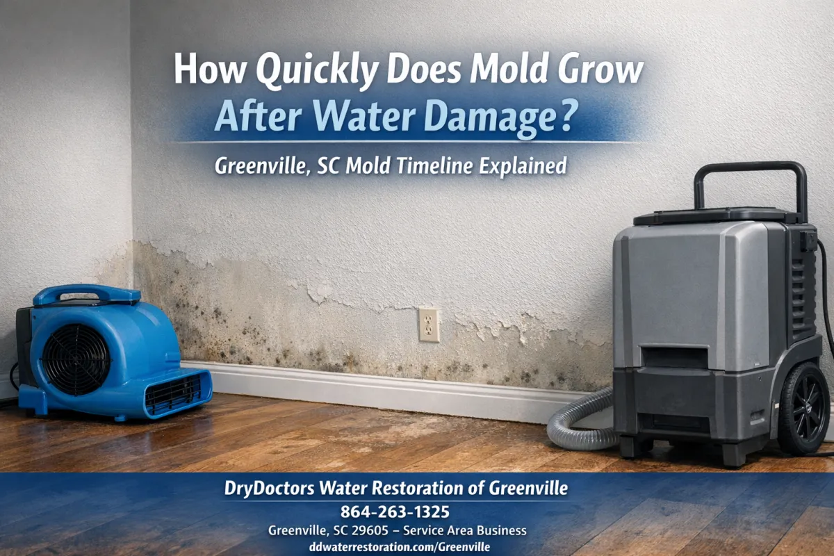 Mold growth forming on wet drywall within 24-48 hours after water damage in Greenville SC home