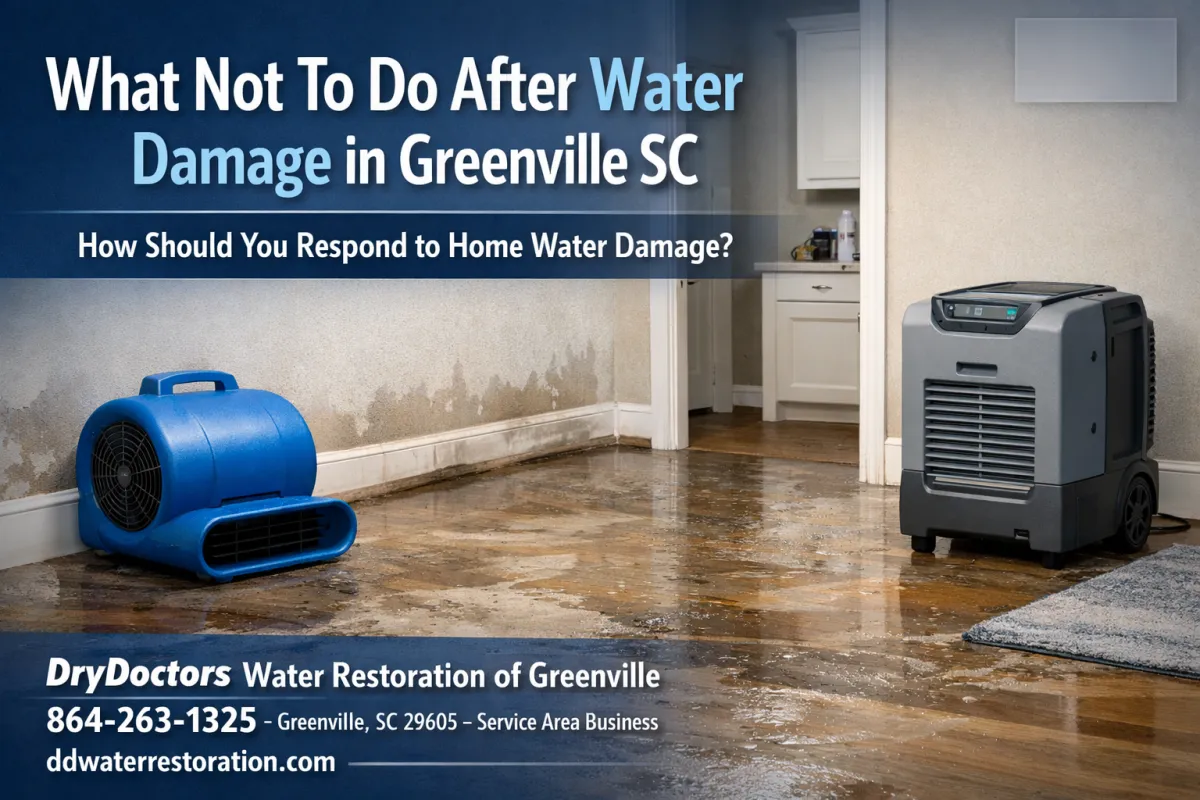 Water damage cleanup in Greenville SC home with drying equipment showing hidden moisture behind walls and flooring, DryDoctors Water Restoration technicians performing structural drying