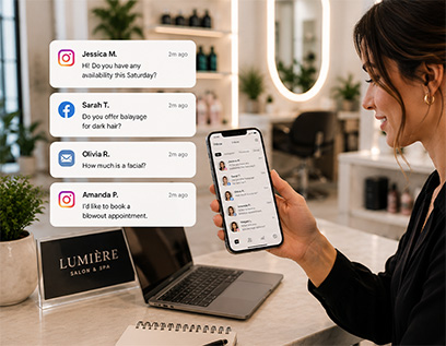 Salon and spa website unified inbox for Instagram, Facebook, and email messages