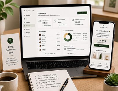 Retail website customer database dashboard showing purchase history and automated promotional offers