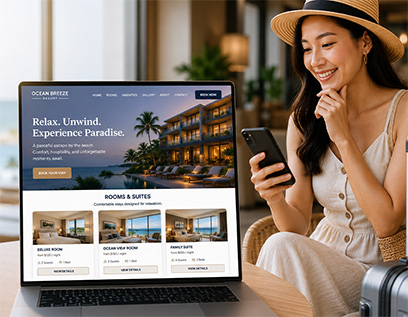 Hospitality website page showcasing rooms and property amenities