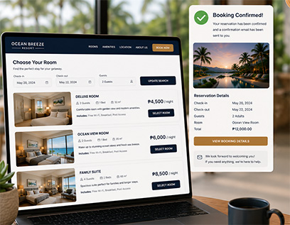 Hospitality website online room booking page with rates