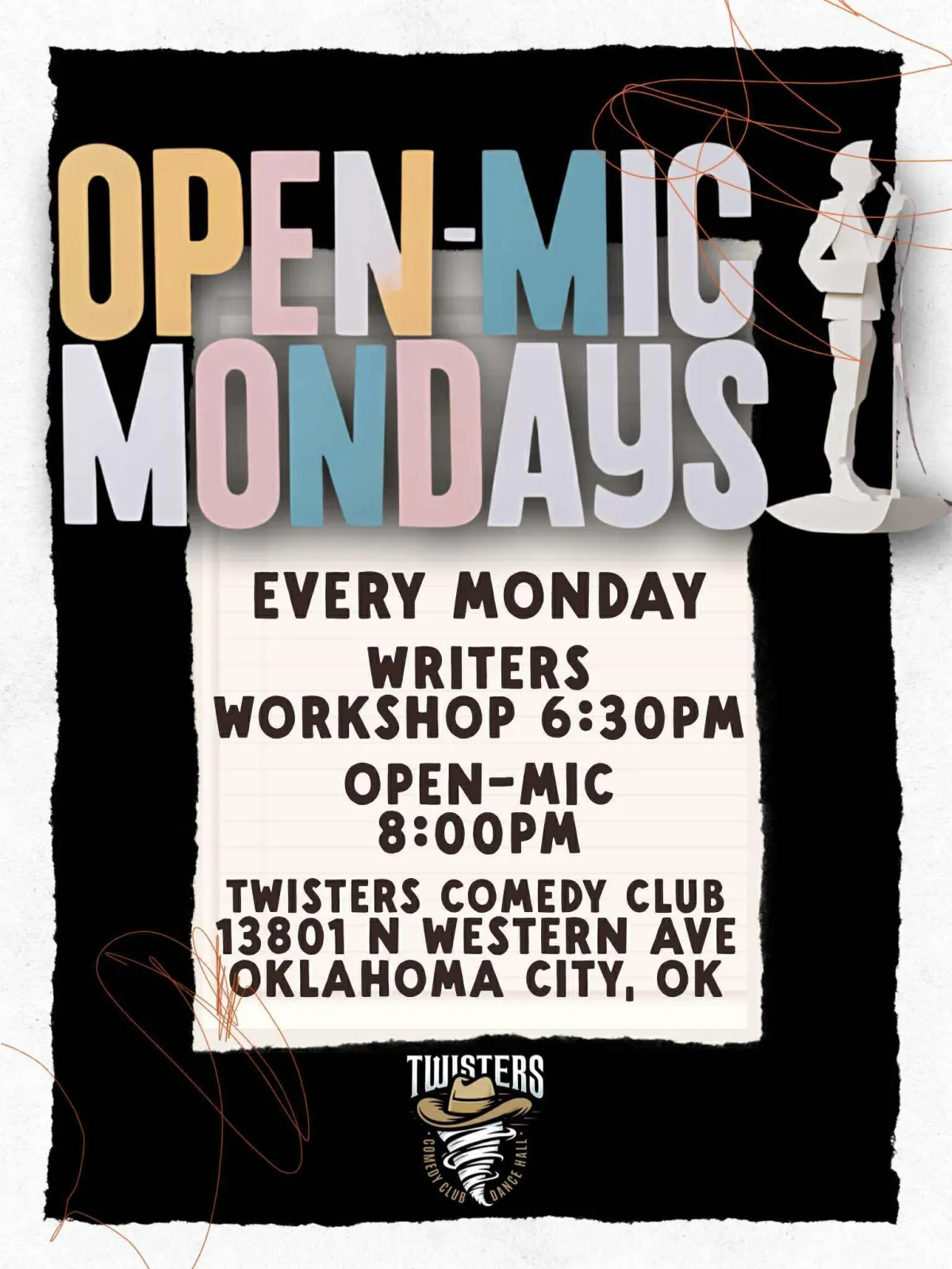 Open Mic Flyer with event details.