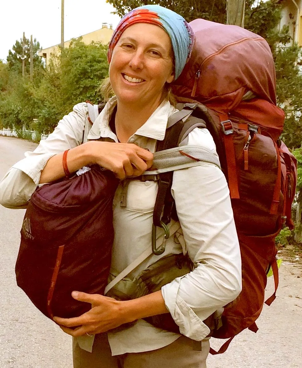 Jenn Baljko, with a backpack strapped to her shoulders