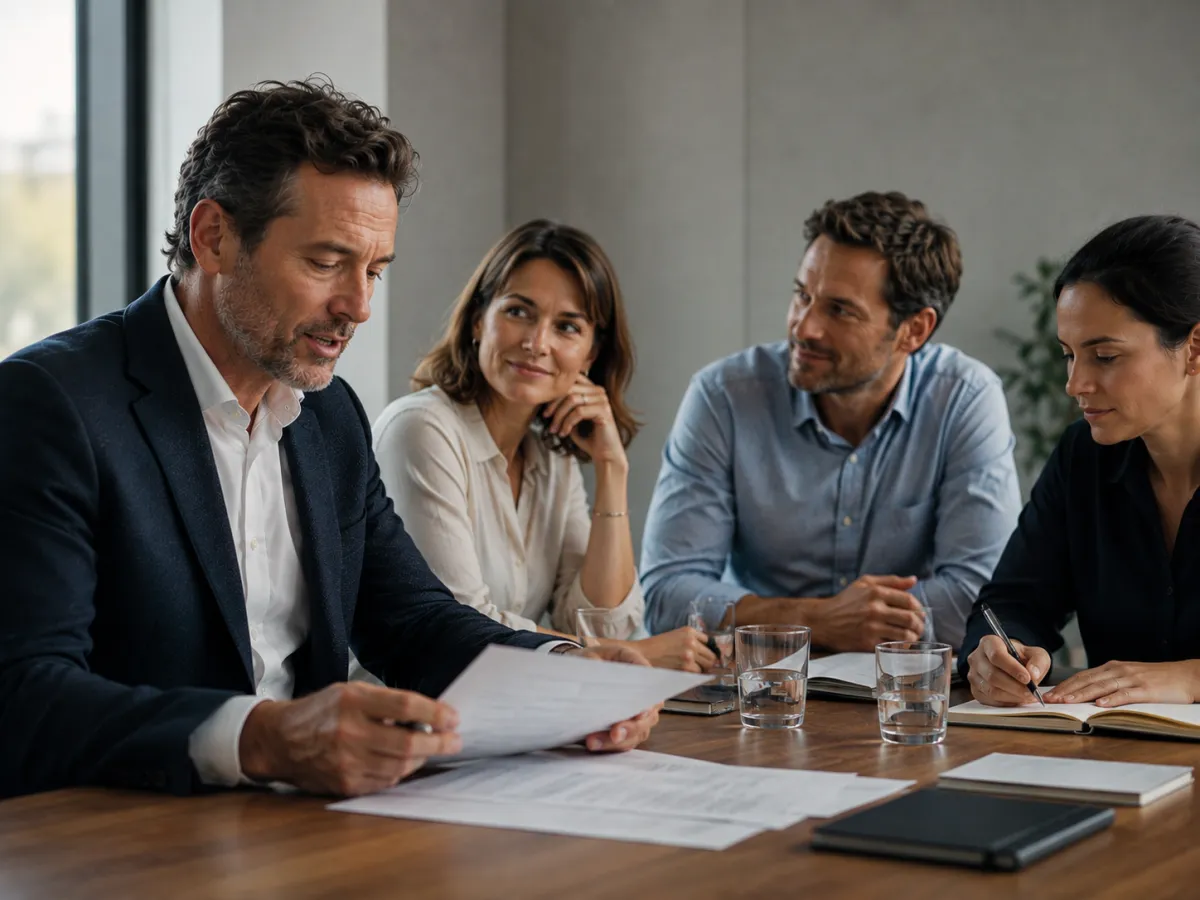 Four colleagues sit around a meeting table in a modern office during a discussion. In the foreground, a business leader focuses on a printed document while speaking. Across the table, two colleagues briefly exchange a quiet, compassionate glance that conveys respect and concern, while another colleague looks down at their notes. Soft natural daylight and muted tones create a calm, thoughtful atmosphere.